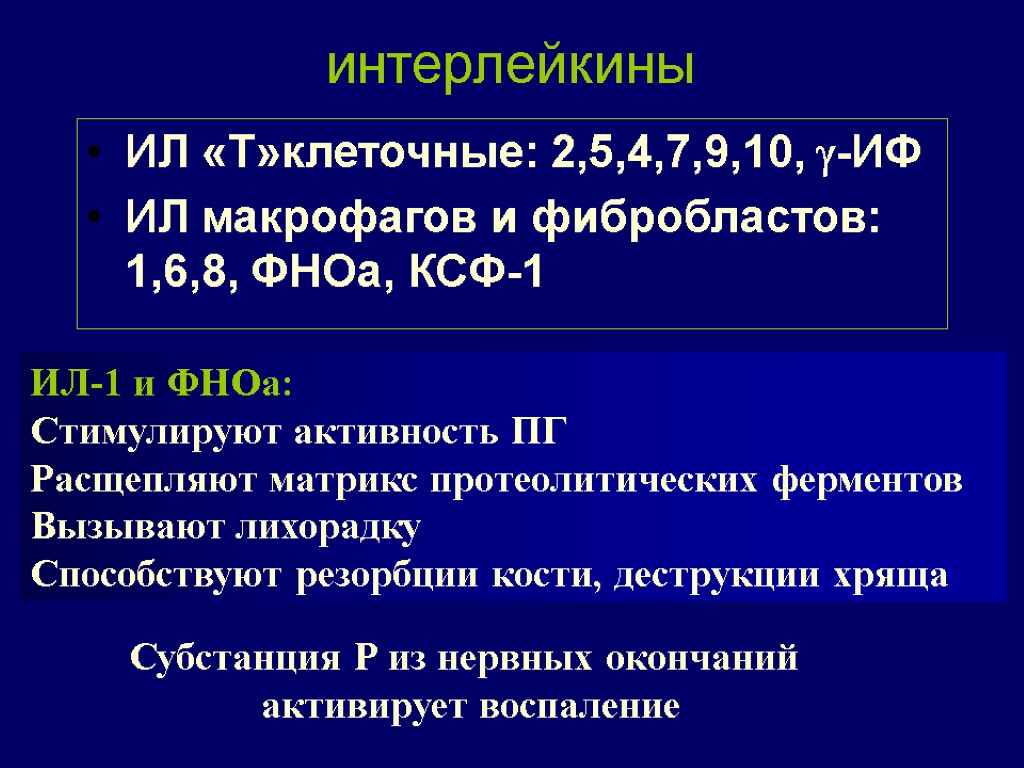 интерлейкины ИЛ «Т»клеточные: 2,5,4,7,9,10, -ИФ ИЛ макрофагов и фибробластов: 1,6,8, ФНОа, КСФ-1 ИЛ-1 и